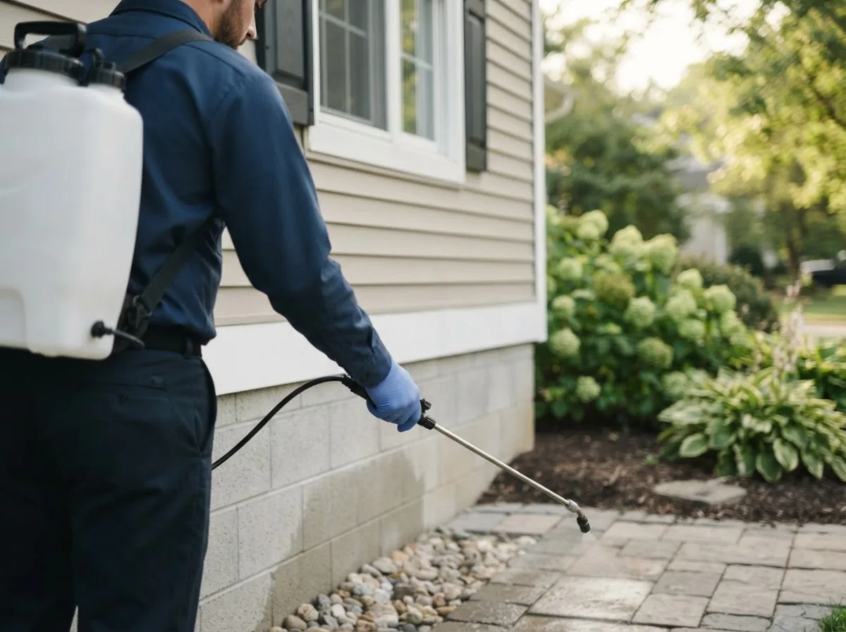 Pest control technician inspecting a home in Houghton Lake, MI